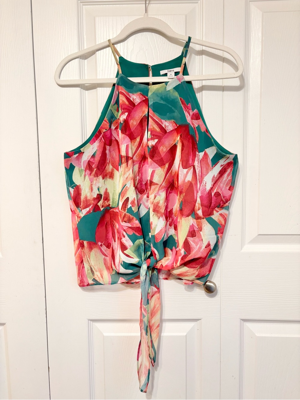Bar III Floral Halter Top Medium Teal Pink Watercolor Keyhole Boho Casual Medium